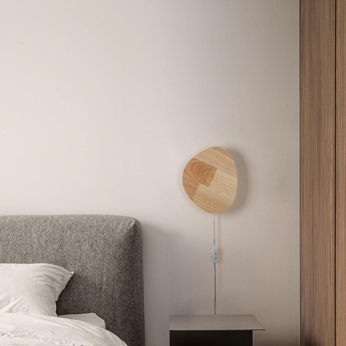 Modern Minimalist Plug in Wall Sconces, 9.4'' Plug-in Or Cordless Wood Backlight LED Wall Lamp, 12W, 1100LM Warm White Brightness Wall Light Fixtures for Bedroom, Living Room Wall Décor