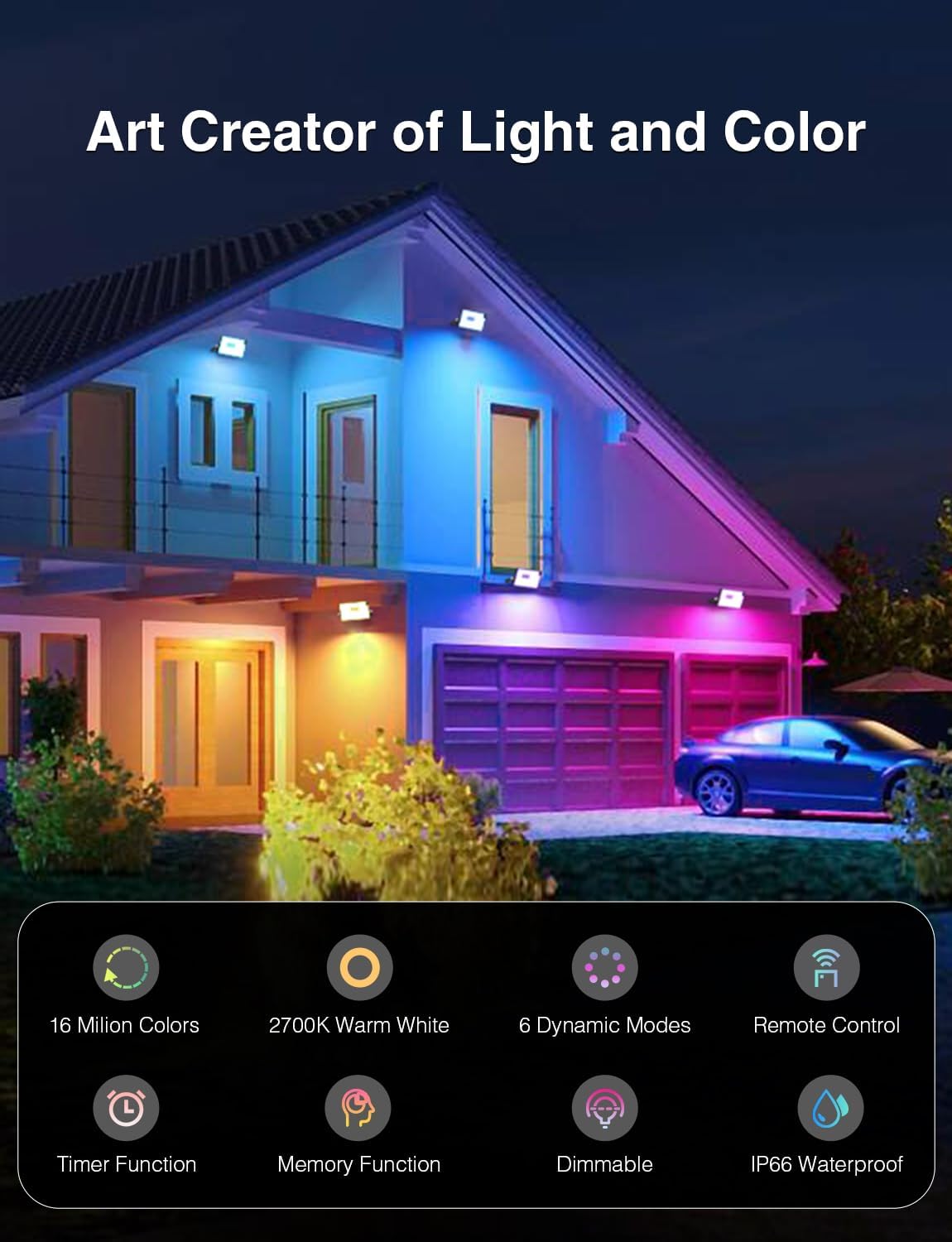 Onforu 6 Pack RGBW LED Flood Light Outdoor, 100W Color Changing 2700K Warm White Upights with Remote, IP66 Stage Lighting, Landscape Spotlights, Uplighting Indoor Floor Lighs for Christmas