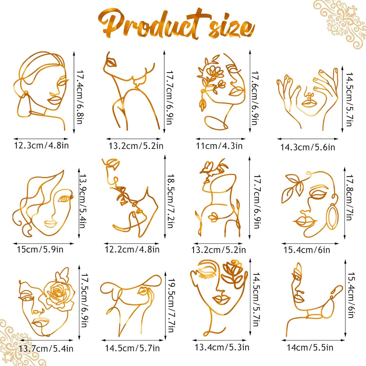 12 Pcs Acrylic Lady Face Cake Topper Minimalist Art Happy Birthday Cake Toppers Women Wedding Cake Decoration for Wedding Birthday Party (Gold)