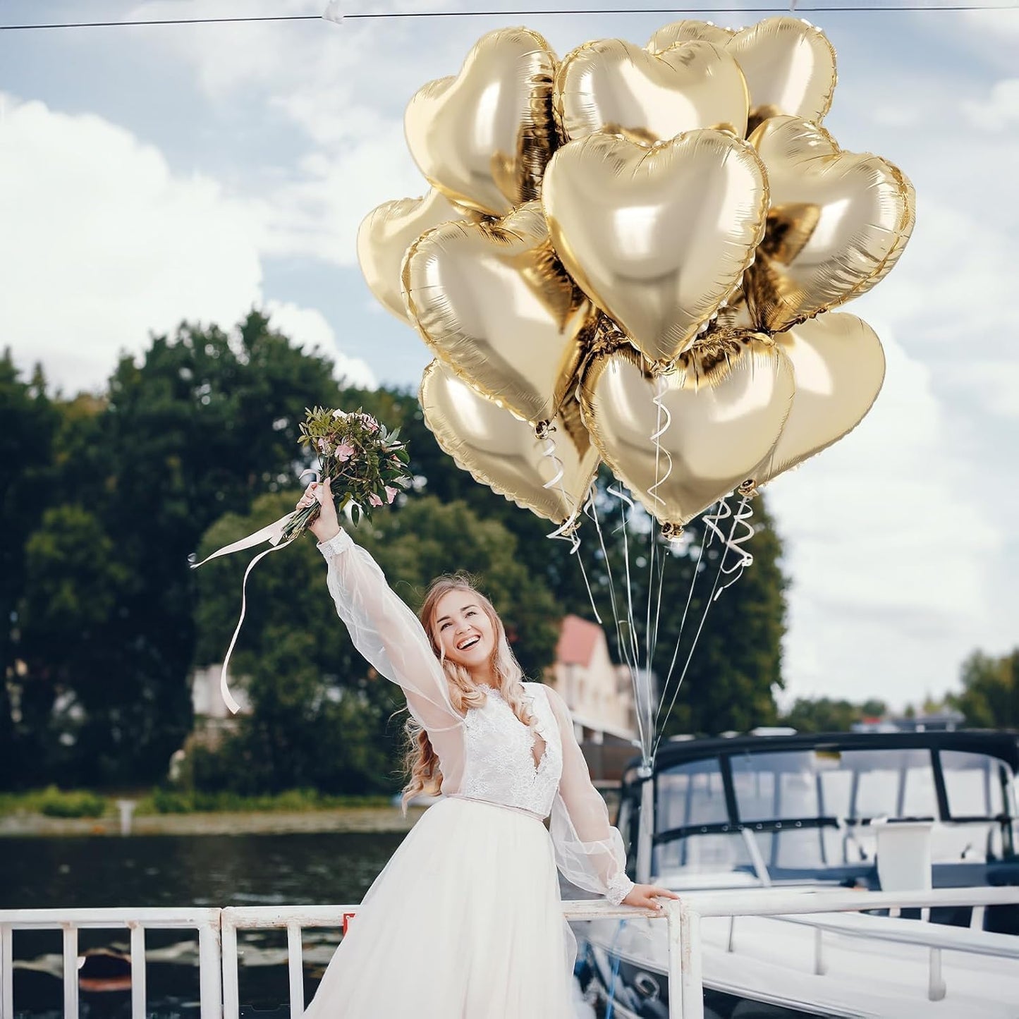 Pastel Gold Heart Balloons - 10 Pcs 18 Inch Light Yellow Foil Heart Mylar Balloons for Birthday, Wedding, Baby, Valentine's Party