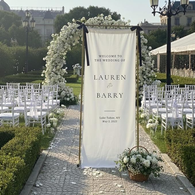 Personalized Wedding Welcome Banner Linen – Custom Names & Date, Elegant Fabric by Custom