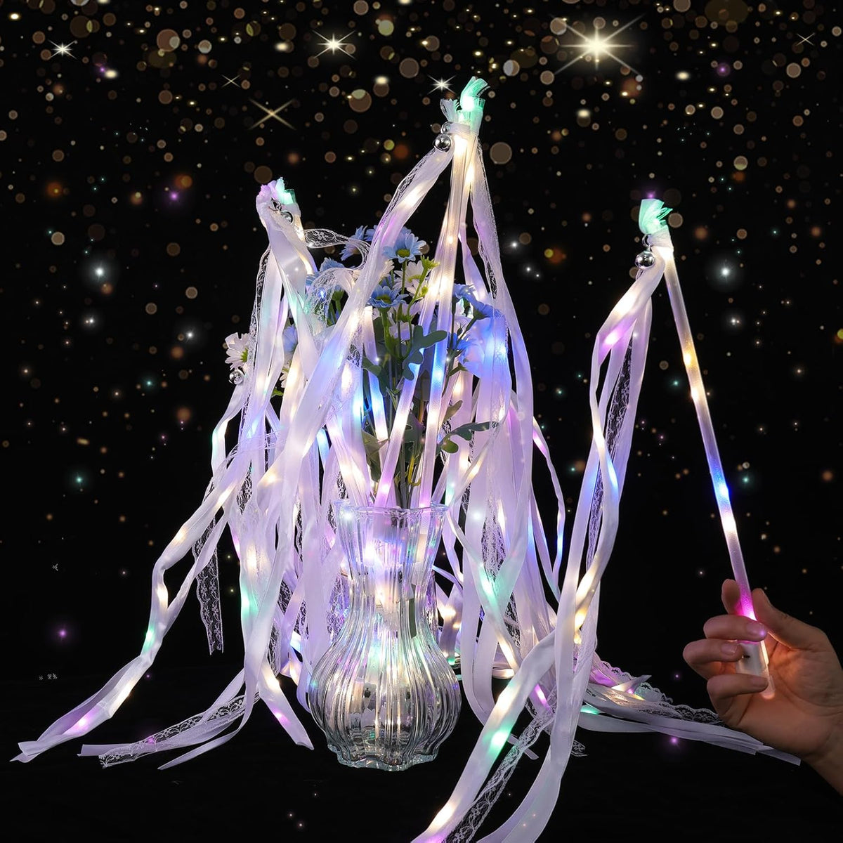 58 Pieces Light up Wedding Wands with Ribbons & Bells –LED Silk Wedd Fairy Wands Streamers with Warm White & Colorful Lights for Wedding Send Off Ideas, Parties, and Celebrations