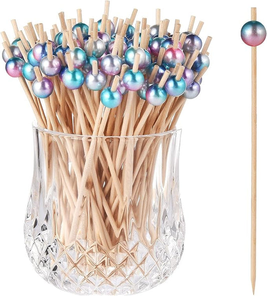 ALINK 100-Pack Cocktail Picks for Appetizers, Rainbow Pearl Wooden Toothpicks by ALINK