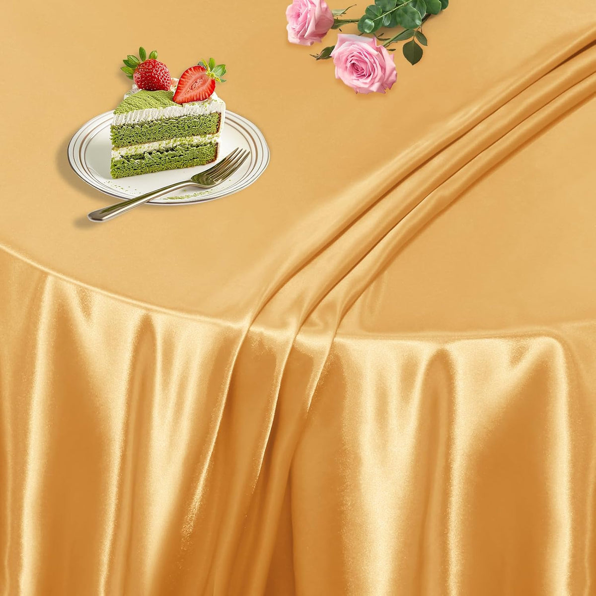 KKJIAF 1 Pack 108 Inch Round Table Cloth, Gold Overlay Round Satin Table Cover, Silky Satin Dining Tablecloths for Wedding Buffet Parties Banquet Decoration