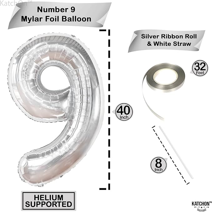 KatchOn Silver Number 9 Balloon 40 Inch | Foil 9 Birthday Balloon - Image 4