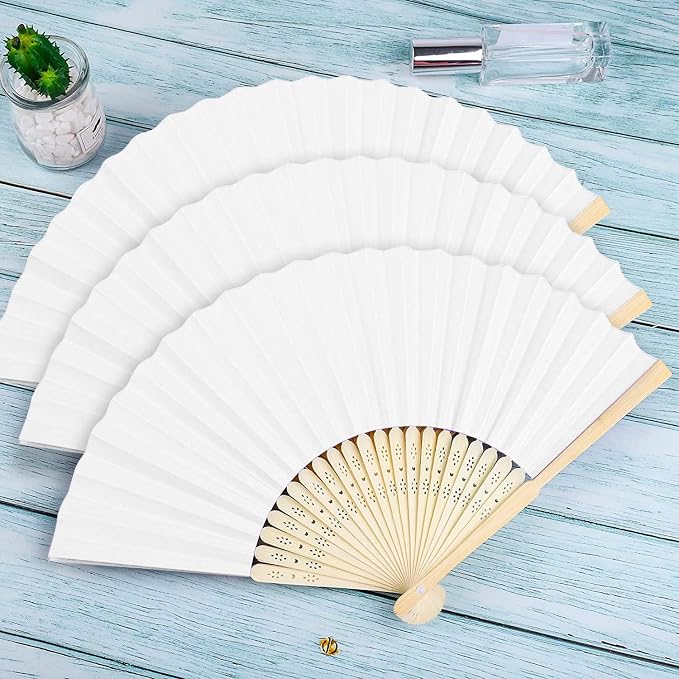 FEPITO 20 Pieces White Handheld Paper Fan | Paper Folding Fans - Image 5