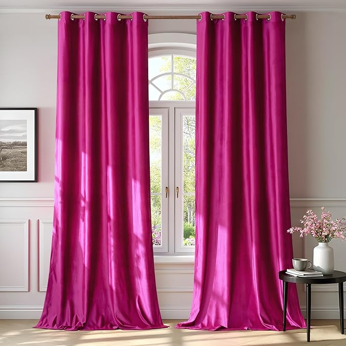 Hot Pink Velvet Blackout Curtains 96 inch by ModernShinyVelvetCurtains
