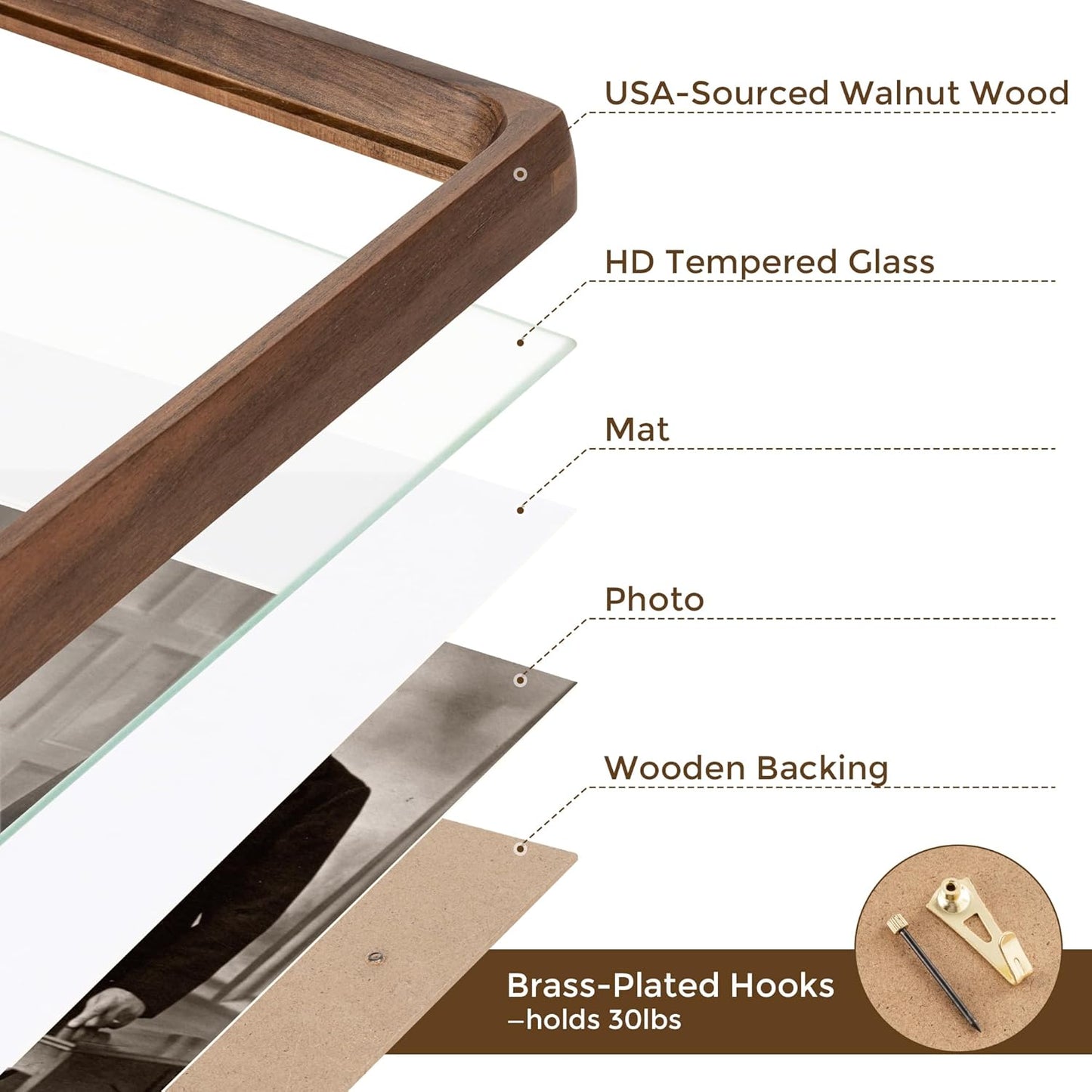 9x12 Picture Frame USA-Sourced Natural Walnut Solid Wood Photo Frame Handcrafted Rounded Corner with Mat to 6x8 Picture Display with Real Glass Family Picture, Certificate