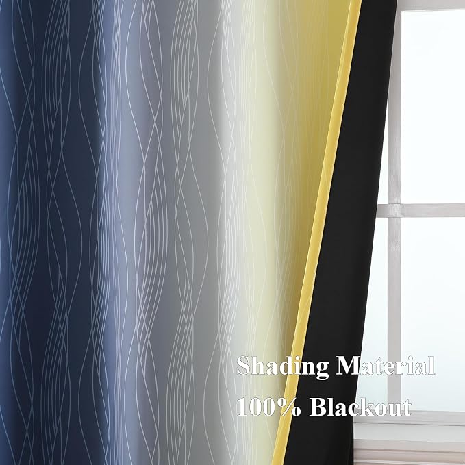 Navy Blue and Yellow Blackout Curtains 45 Inch Length, Full Light Blocking - Image 5