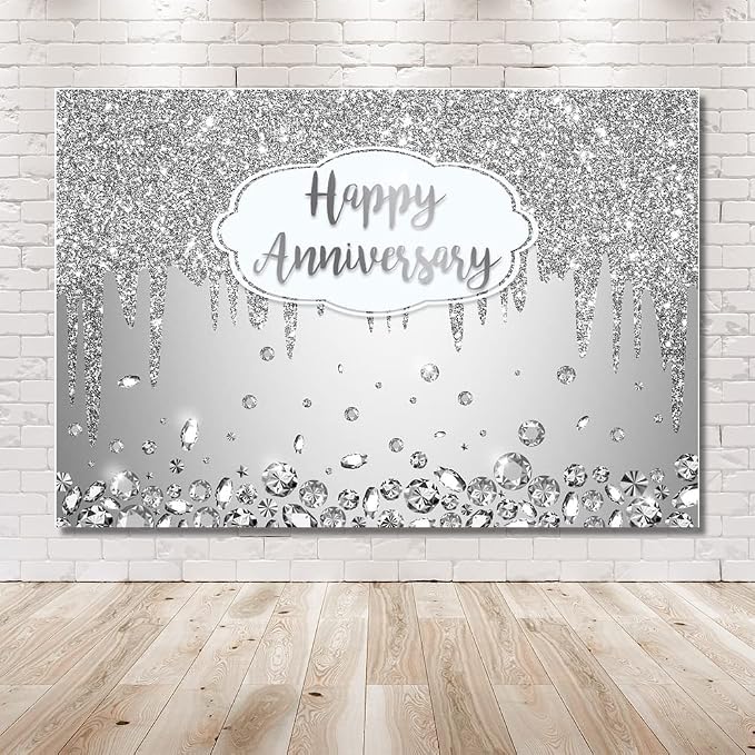 AIBIIN 10x7ft Happy Anniversary Backdrop Silver Dripping Glitter Crystals - Image 3