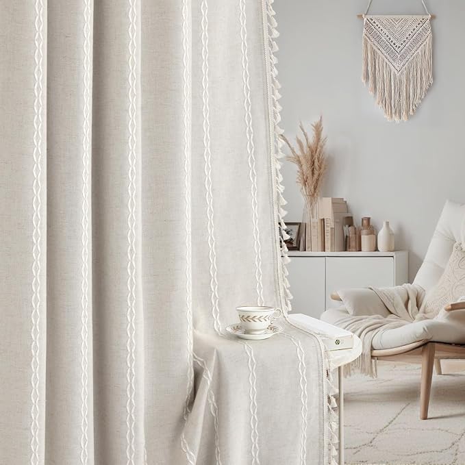 80% Boho Blackout Curtains 96 Inch Linen Blend Drapes 2 Panels | Vintage - Image 8