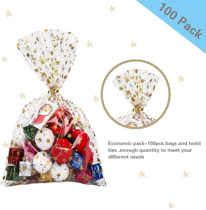 COQOFA 200 Pcs Star Printed 4"X 9" Gift Wrap Cello Cellophane Treat Bags Party - Image 3