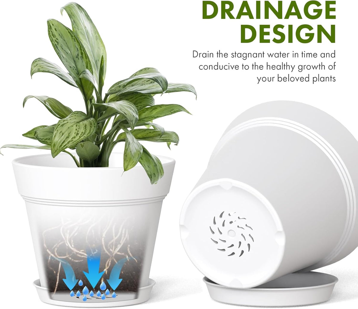 4 Inch Plastic Plant Pots with Drainage Holes and Trays – 8 Pack Small Nursery Pots for Indoor & Outdoor House Plants and Flowers, Seedling Starter Planters, White