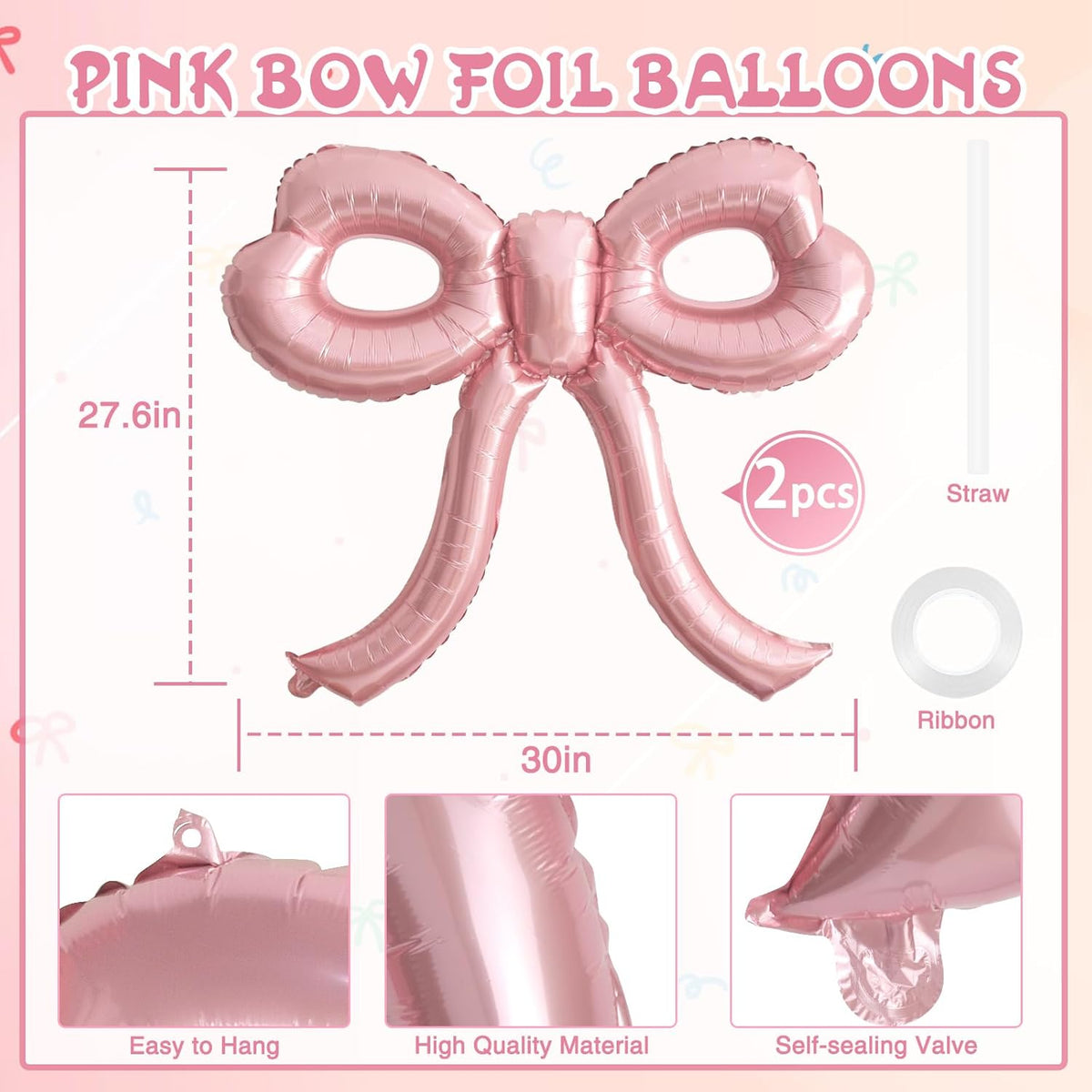 2 Pcs Pink Bow Balloons Bow Party Decorations for Girl Women Pink Bow Birthday Decorations Giant Foil Balloon for Baby Shower Bridal Engagement Wedding Decor Bachelorette Party Supplies