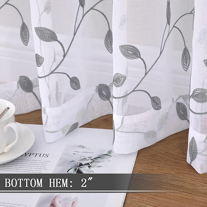 Tollpiz Leaves Sheer Curtain Grey Leaf Embroidery Bedroom Curtains Rod Pocket - Image 4