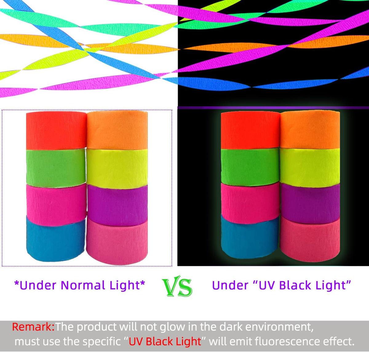 1776 feet Glow Party Neon Streamer Decorations Glow Crepe Neon Paper Streamers UV Reactive Blacklight Fluorescent Glow in The Dark Party Supplies and Decorations Wedding Birthday