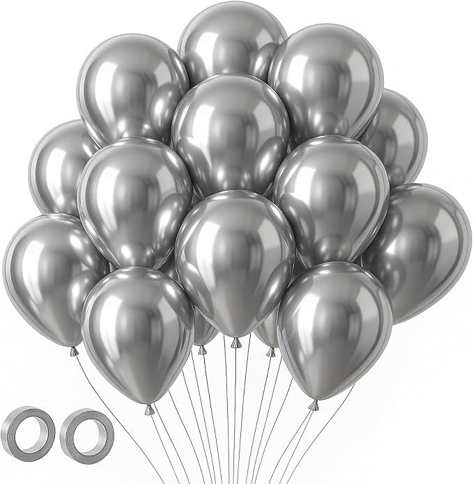 Voircoloria 105pcs Metallic Silver Party Latex Balloons, 12inch | by Voircoloria