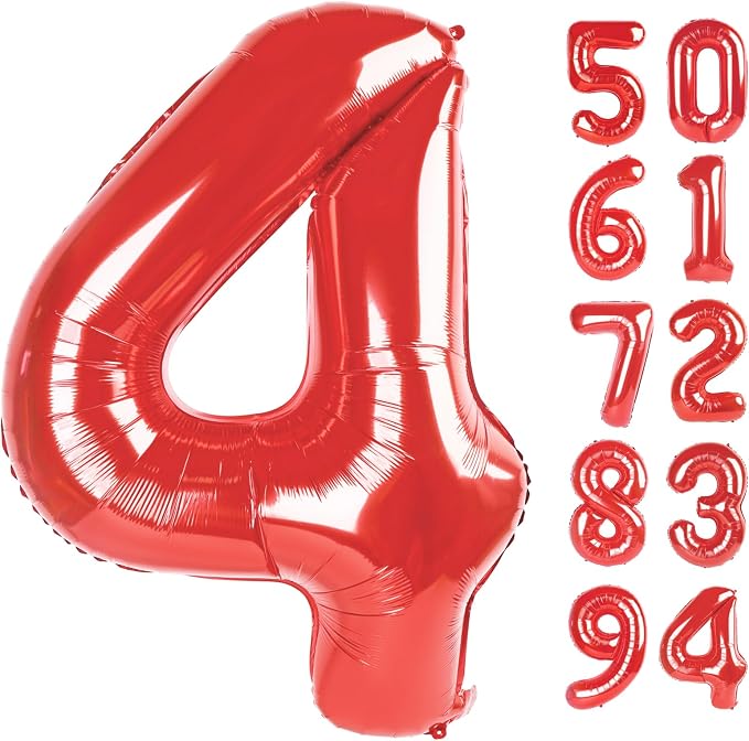 Red 4 Balloon - Number Balloon 40 Inch, 4th Red Birthday Decorations | Large by IWERP