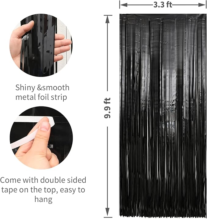 3 Pack 3.3 x 9.9 ft Black Fringe Backdrop Streamers Party Decorations | Foil - Image 2