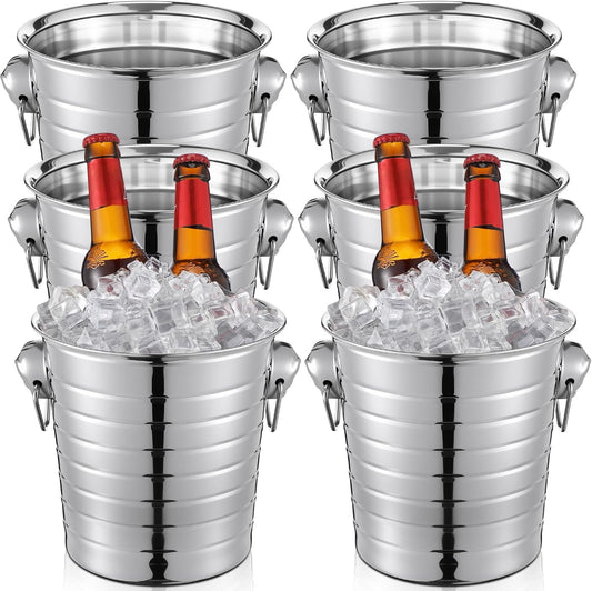 Pinkunn 6 Pack Stainless Steel Champagne Bucket 3 Qt Metal Ice Bucket Double Wall Wine Bucket with Handles Party Beverage Chiller for Champagne Beer Cocktail Wine Drinks Home Bar Accessories (Silver)