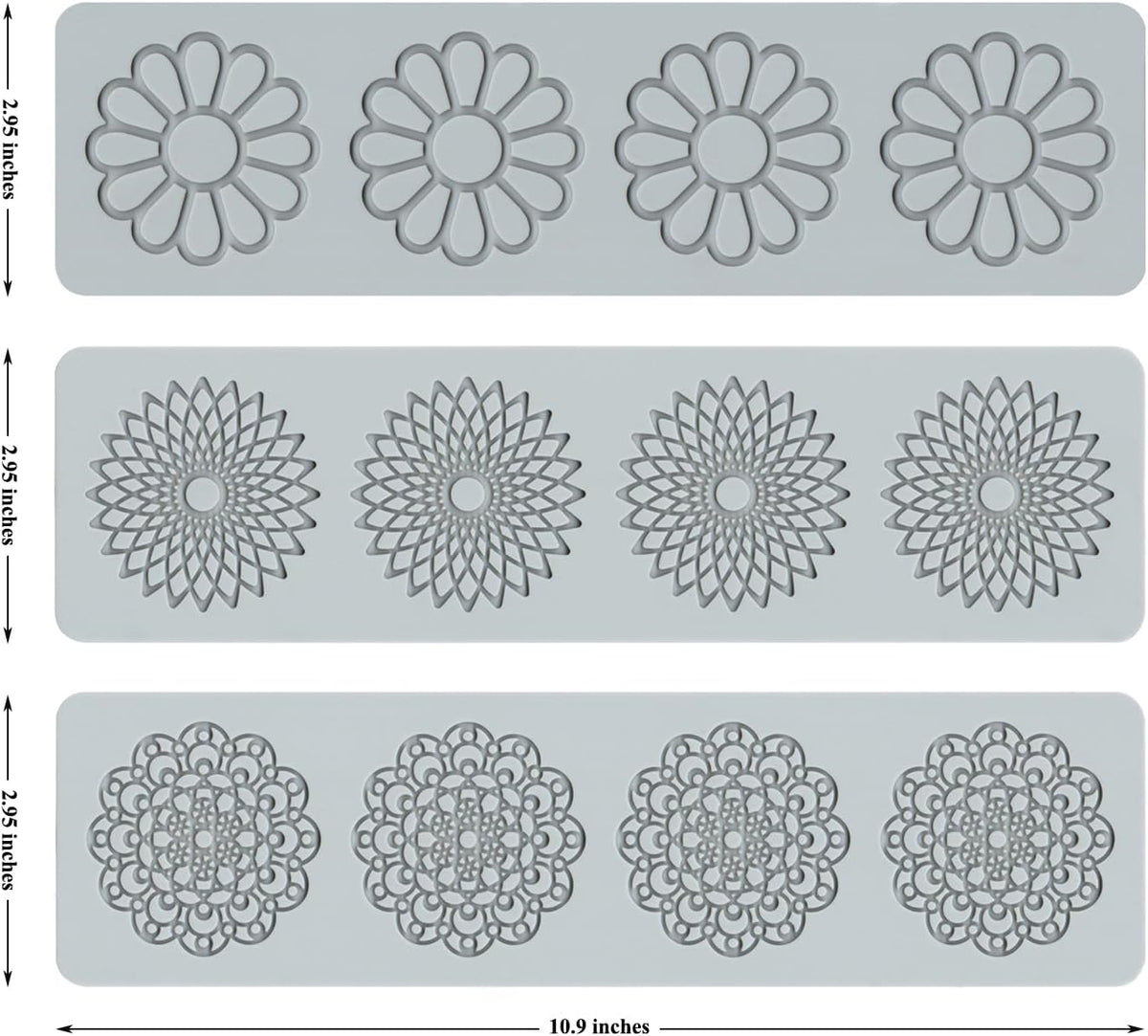 Embossing Lace Fondant Molds, Multi Circle Flowers Lace Mat Wedding Cake Decoration Tool, Rattan Shaped Cupcake Mat Silicone Molds Set of 3