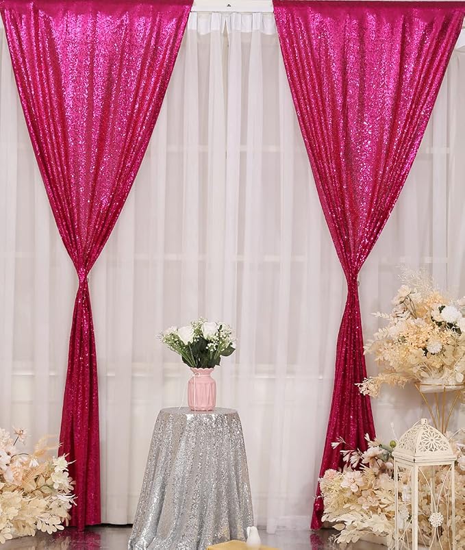 Poise3EHome Hot Pink Sequin Backdrop, 2 Panel 2x8ft Glitter Curtain - Image 2