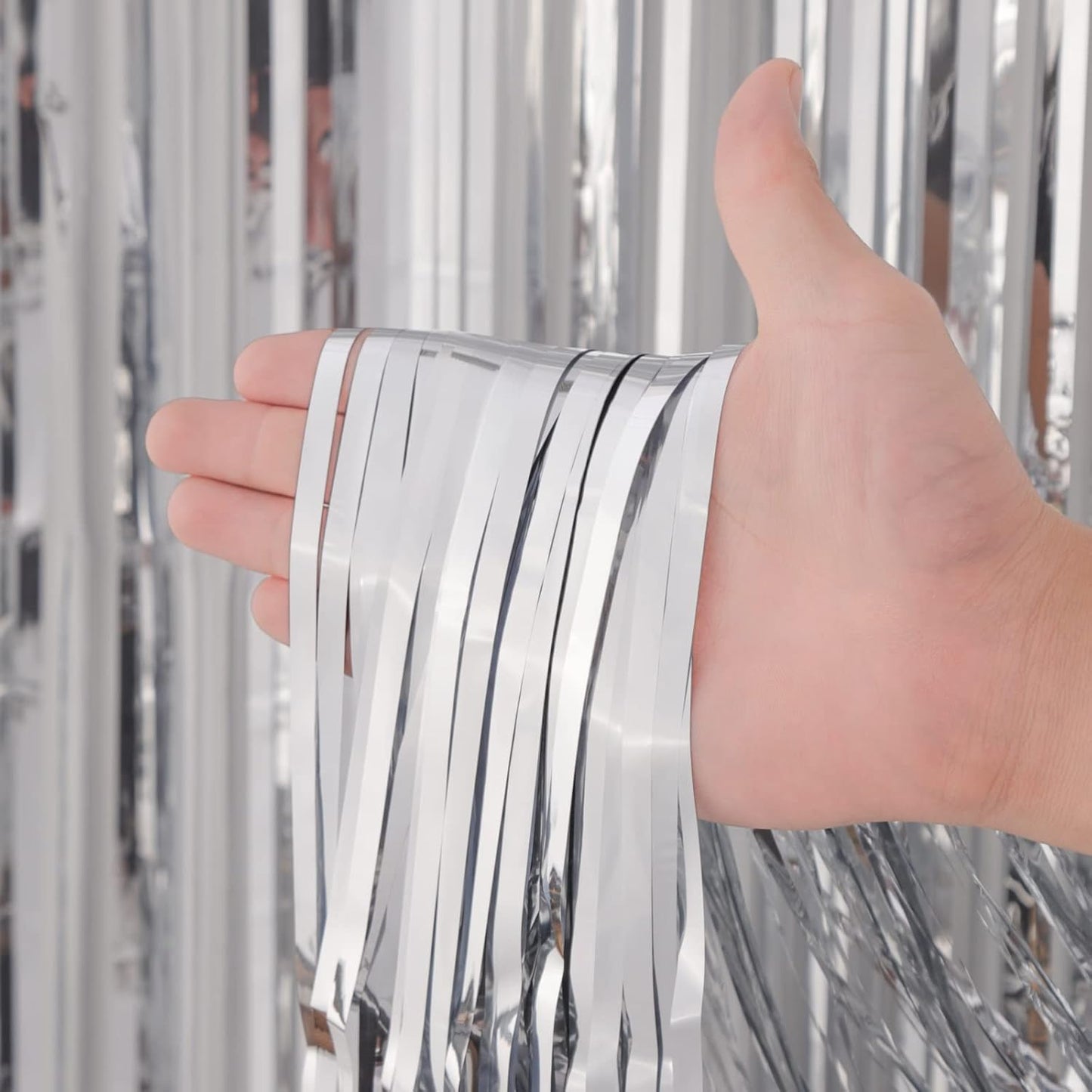 2 Pack Silver Foil Fringe Backdrop Curtains, Tinsel Streamers Birthday Party Decorations, Fringe Backdrop for Graduation, Baby Shower, Gender Reveal, Disco Party