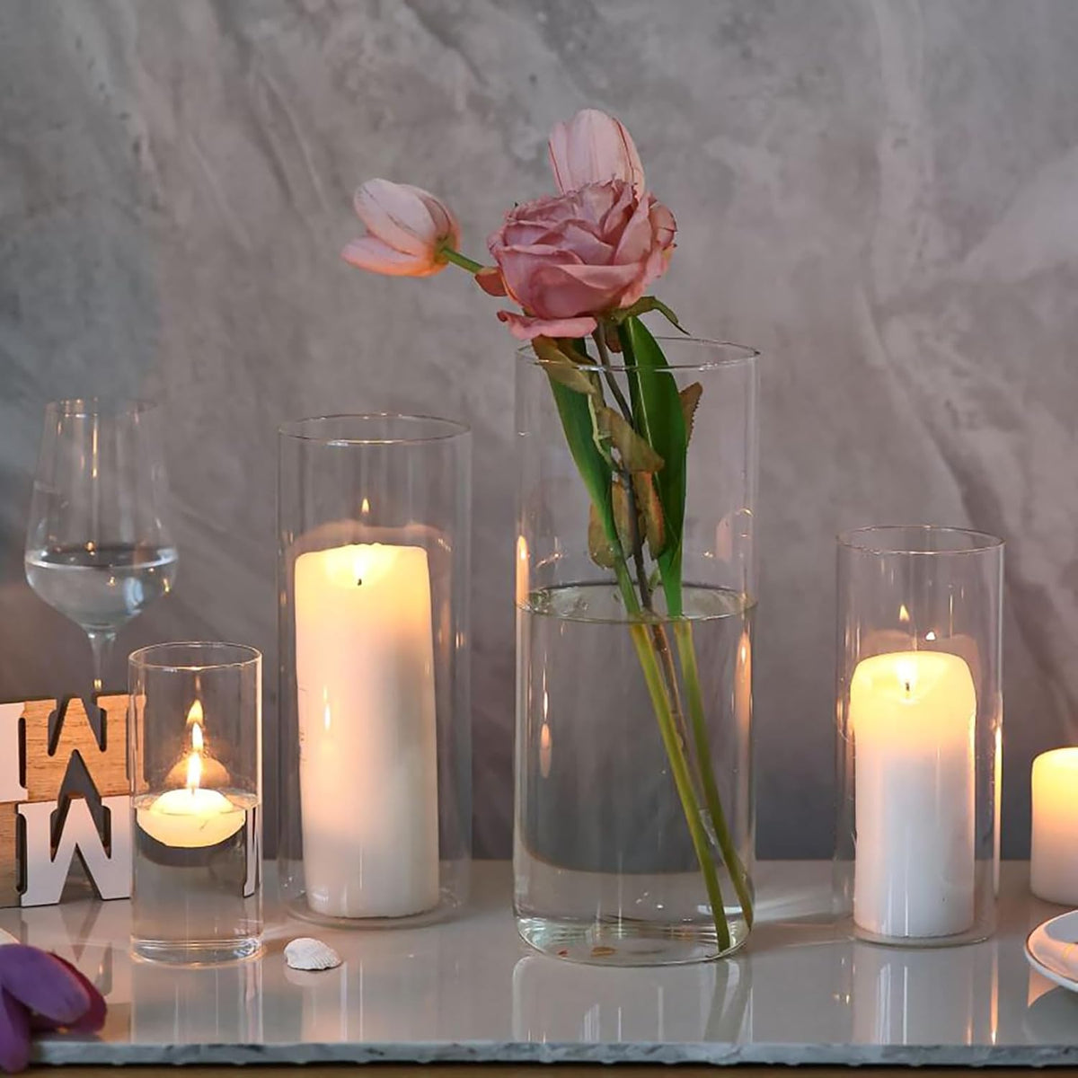PHOSPHOR 16 PCS Glass Candle Holder, Hurricane Candle Hoder, Glass Pillar Candle Holder, Clear Cylinder Candleholder Cylinder Vase for Centerpieces Wedding Party Decoration