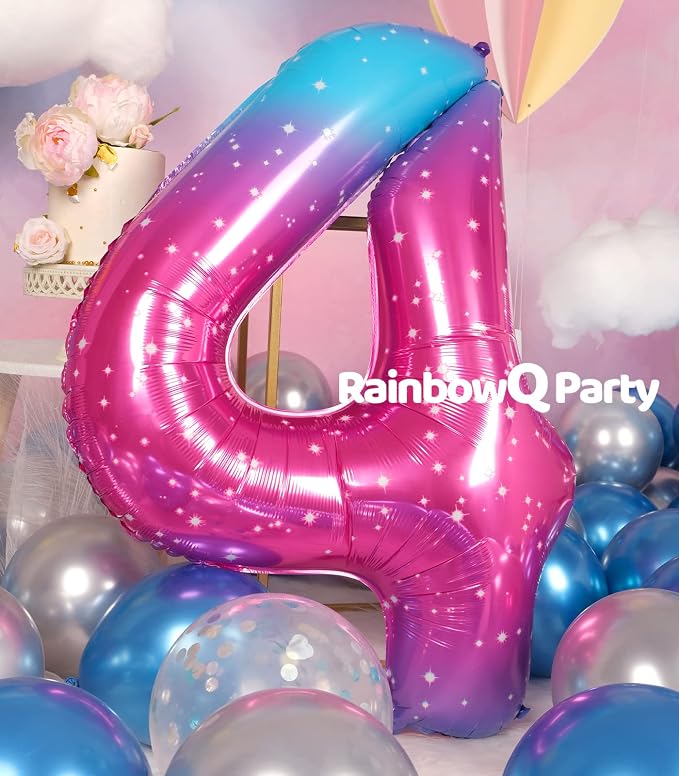 RainbowQ Blue Pink 4 Balloon Number 40 Inch Big 0-10 Foil Large Balloon | - Image 4