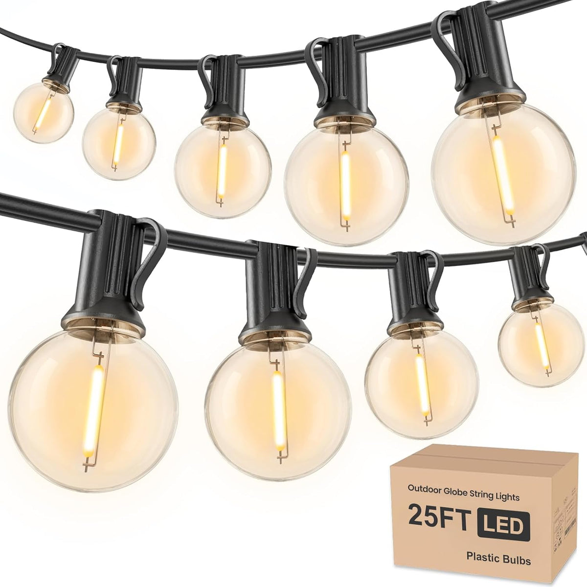 RTTY Outdoor String Lights 25ft, G40 Led Patio Globe Lights with 13pcs Plastic Bulbs, Shatterproof Waterproof Connectable Hanging for Porch Cafe Bistro Backyard Gazebo Balcony Deck Party