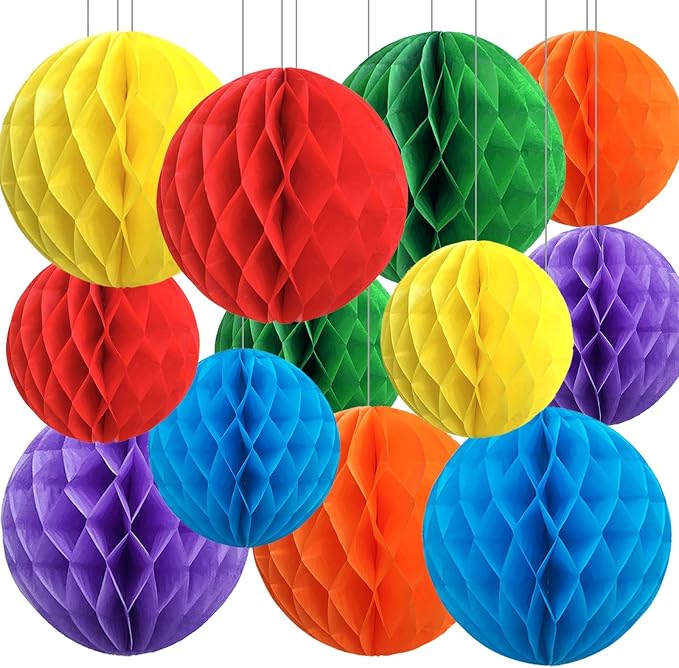 Rainbow Paper Honeycomb Balls, 12 Pack Colourful Hanging Tissue Pom Poms by SIPRKAICT