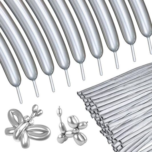 Silver Metallic 260 long Balloons 100 Pack Modeling Long Magic Balloons Shiny by ASIYUHY