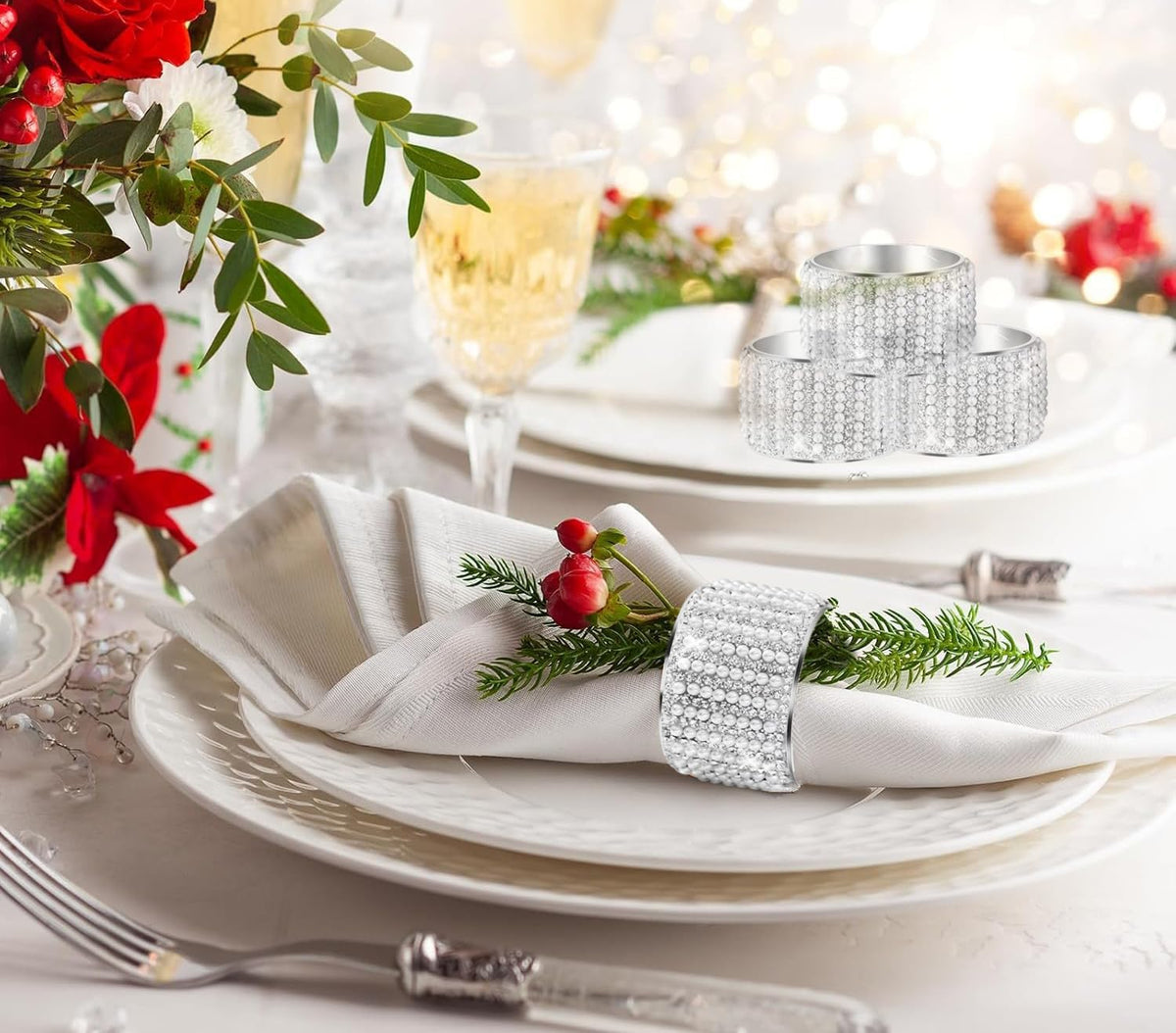 Diamond Pearls12cs Napkin Rings Rhinestone Crystal Glass Framed Napkin Holder Handmade Serviette Buckles for Christmas, Easter, Thanksgiving Day Wedding Banquet Home Party Decoration Dining Table