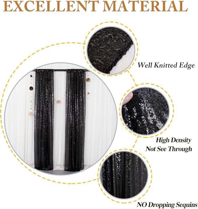 ShinyBeauty Black Sequin Curtains 2 Panels 14FTx7FT | Shimmer Photo Backdrops - Image 4