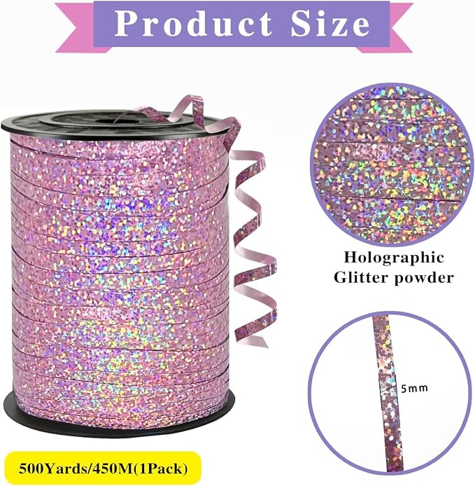 500 Yards Pink Shiny Curling Ribbon, Curly Laser Ribbon - Image 2
