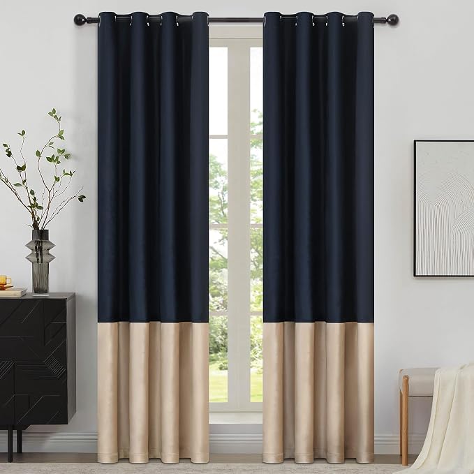 Blue Beige Velvet Blackout Curtains Luxury Decor 72 inches, Color Block | by ModernShinyVelvetCurtains