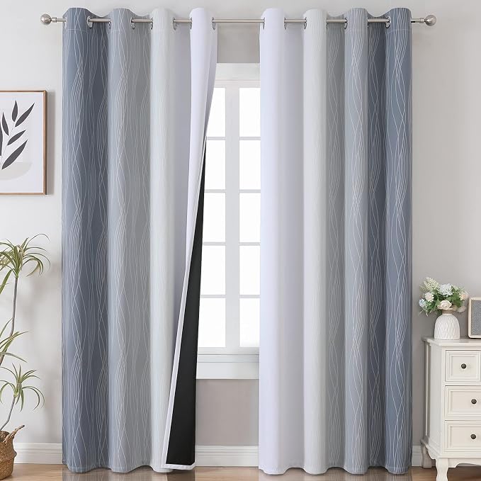 Grey and Greyish White Gradient Blackout Curtains 102 Inches Long by ESTELARTEXTILER