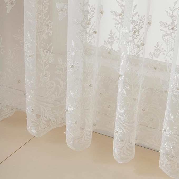 White Voile Curtains, Decorative White Embossed Butterflies Rod Pocket Window - Image 3