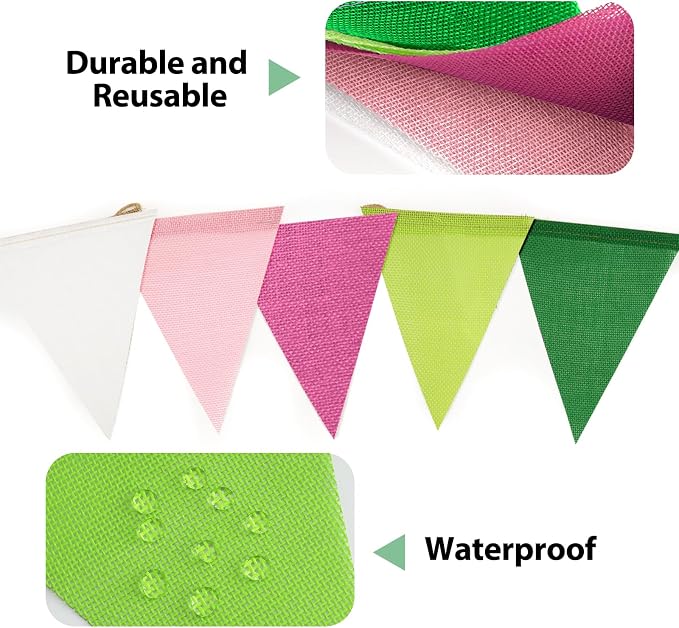 G2PLUS Pre-Strung Burlap Pennant Banner, 65Ft Pink Green and White Triangle - Image 3