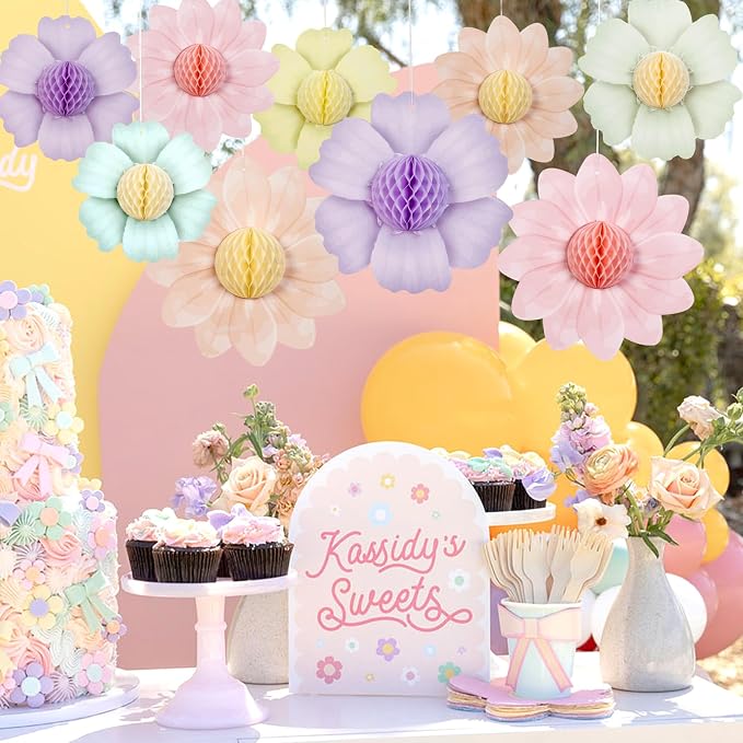 SUNBEAUTY 9 PCS Pastel Flower Party Decorations Flowers Honeycomb Fairy - Image 6