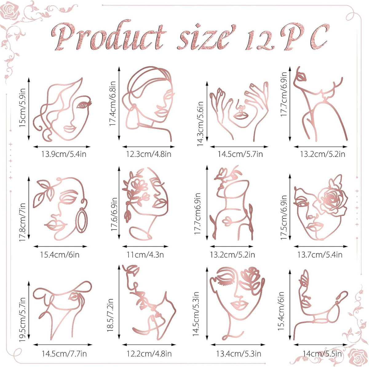 12 Pcs Acrylic Lady Face Cake Topper Minimalist Art Happy Birthday Cake Toppers Women Wedding Cake Decoration for Wedding Birthday Party (Rose gold)
