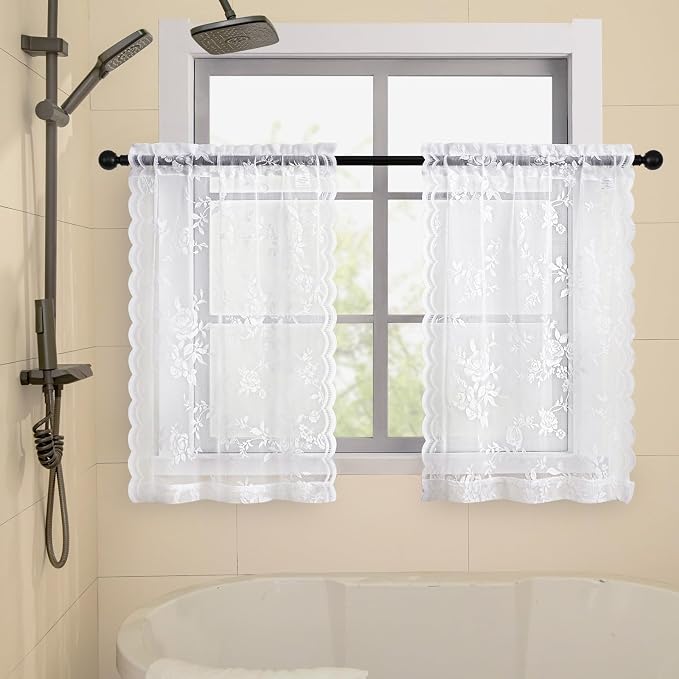 White Lace Cafe Curtains 24 Inch Length 2 Panels Set - Image 3