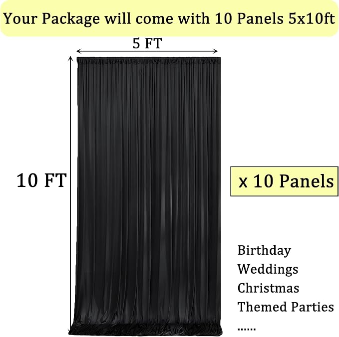 Black Backdrop Curtain for Parties, 10 Panels Wrinkle Free Polyester Photo - Image 3
