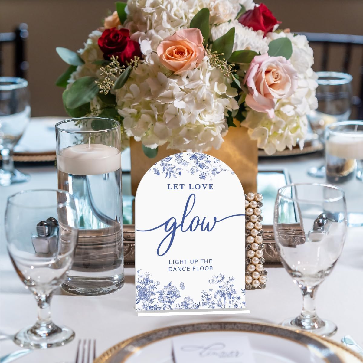Acrylic Wedding Signs, Dusty Blue Wedding Decor, Blue Weddings Decor, Let Love Glow Signs for Reception, Modern Calligraphy Arch Acrylic Table Top Sign for Weddings Parties Dinners (White)
