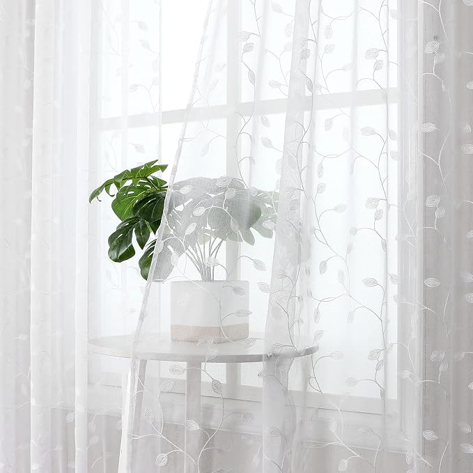 Tollpiz Leaves Sheer Tier Curtain White Leaf Embroidery Kitchen Half Curtains - Image 2