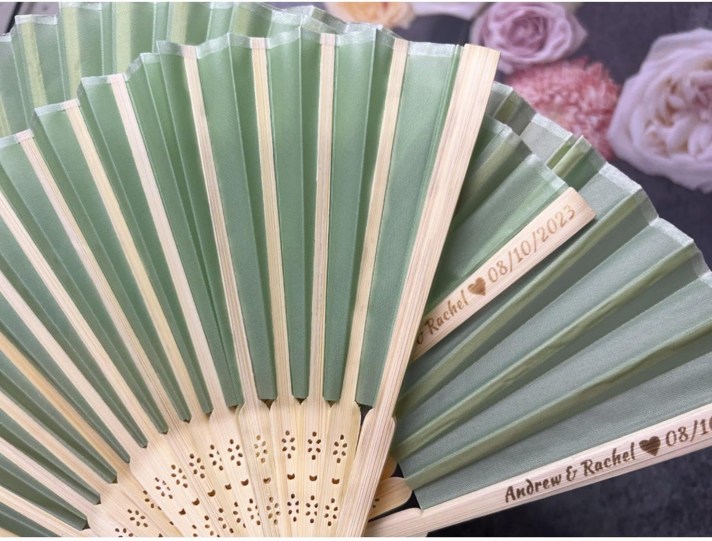Personalized Wedding Fans Handheld Folding Fans (10Pcs) - Custom Engraved Green Silk Fans for Bridal Shower Favor/Baby Shower Favor, Birthdays Party Gifts/Gifts for Party Guests