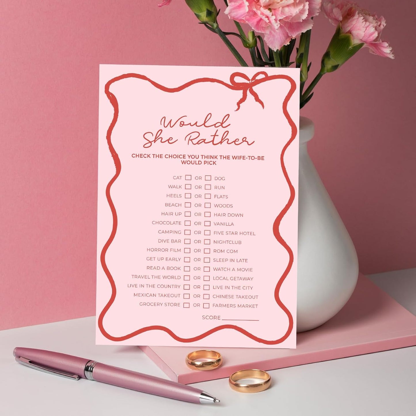 DEEKA 30 PCS Bridal Shower Games Card for 30 Guests Pink Wavy Border Ribbon Bow Funny Wedding Bachelorette Party Games for Reception (Would She Rather)
