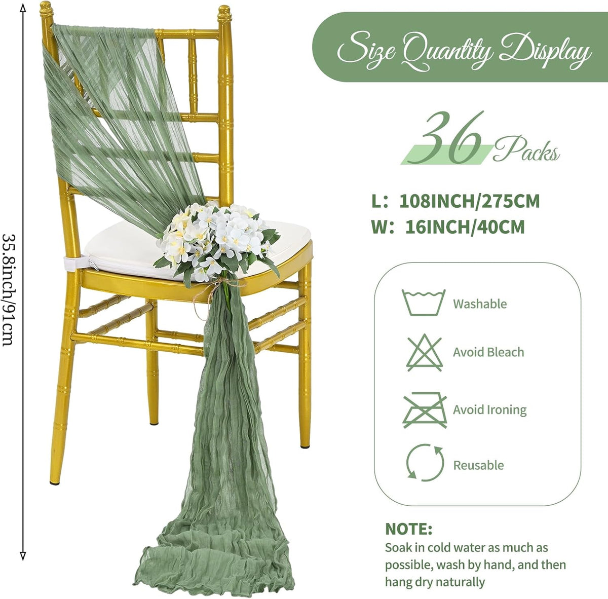 36 Pcs Sage Green Cheesecloth Chair Sashes, 16 x 108 inch Gauze Fabric Washable Chair Sashes Bows Designed for Aisle Decorations Universal Chair Cover Decor for Wedding Reception Party Banquet