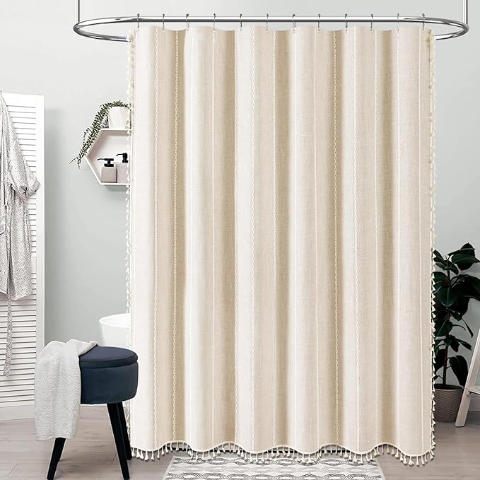 72x78 Long Boho Farmhouse Linen Heavy Duty Shower Curtain, Cream/Beige | Tall - Image 6