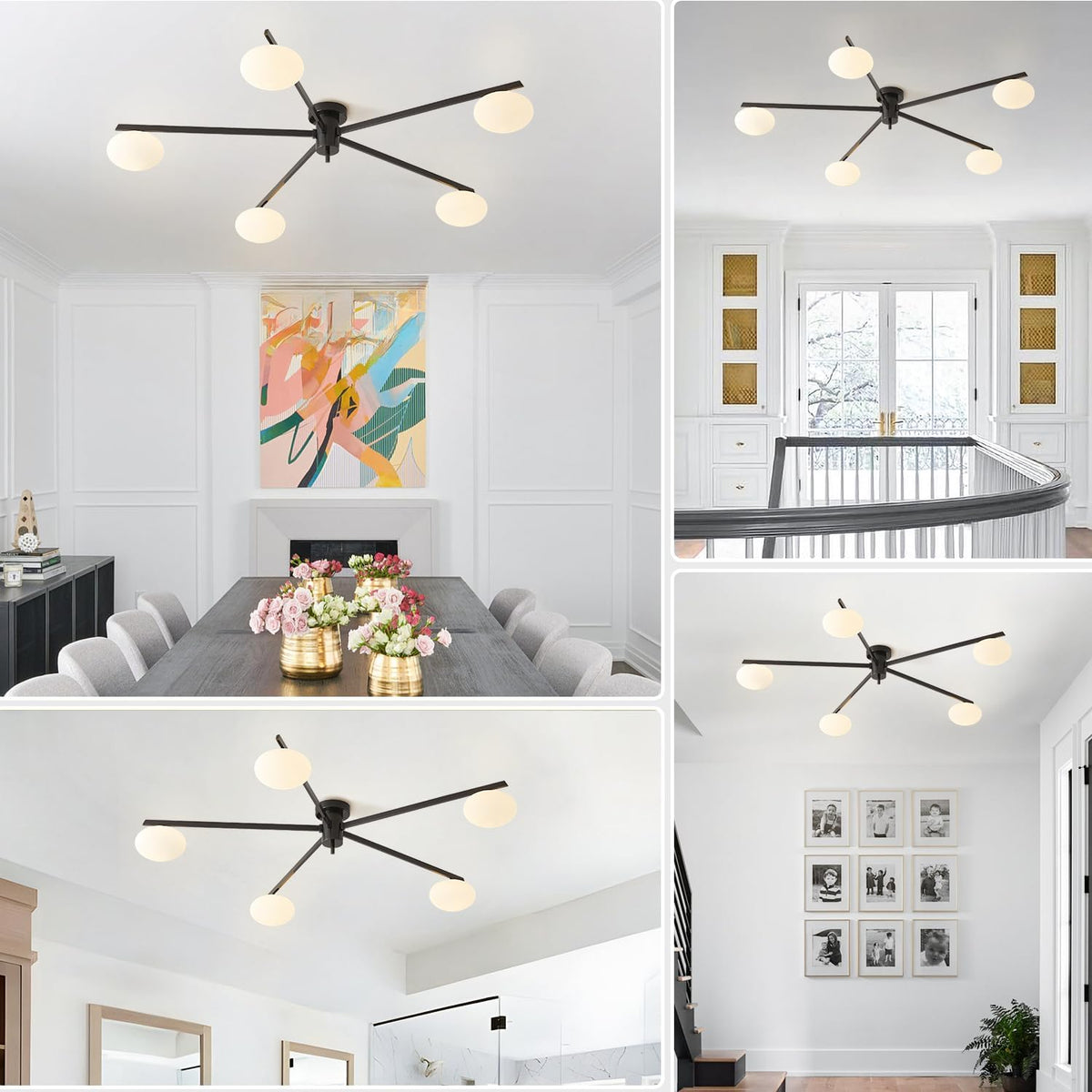 5 Lights Mid Century Modern Black Sputnik Semi Flush Mount Ceiling Light Vintage Glass Close to Ceiling Light Fixtures Industrial Metal Ceiling Chandelier Glass Globe Hall Light MCL05-BK